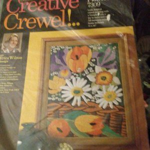 Basket of Spring Flowers Vintage Crewel Kit, Erica Wilson, 1970s. Sealed kit